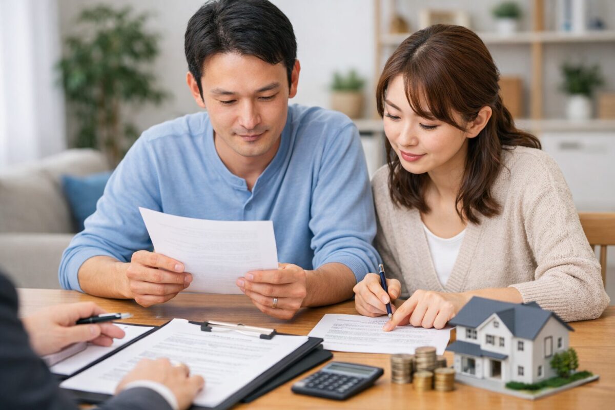 住宅購入の契約内容を確認しながら安心して手続きを進める夫婦のイメージ｜融資利用特約の解説